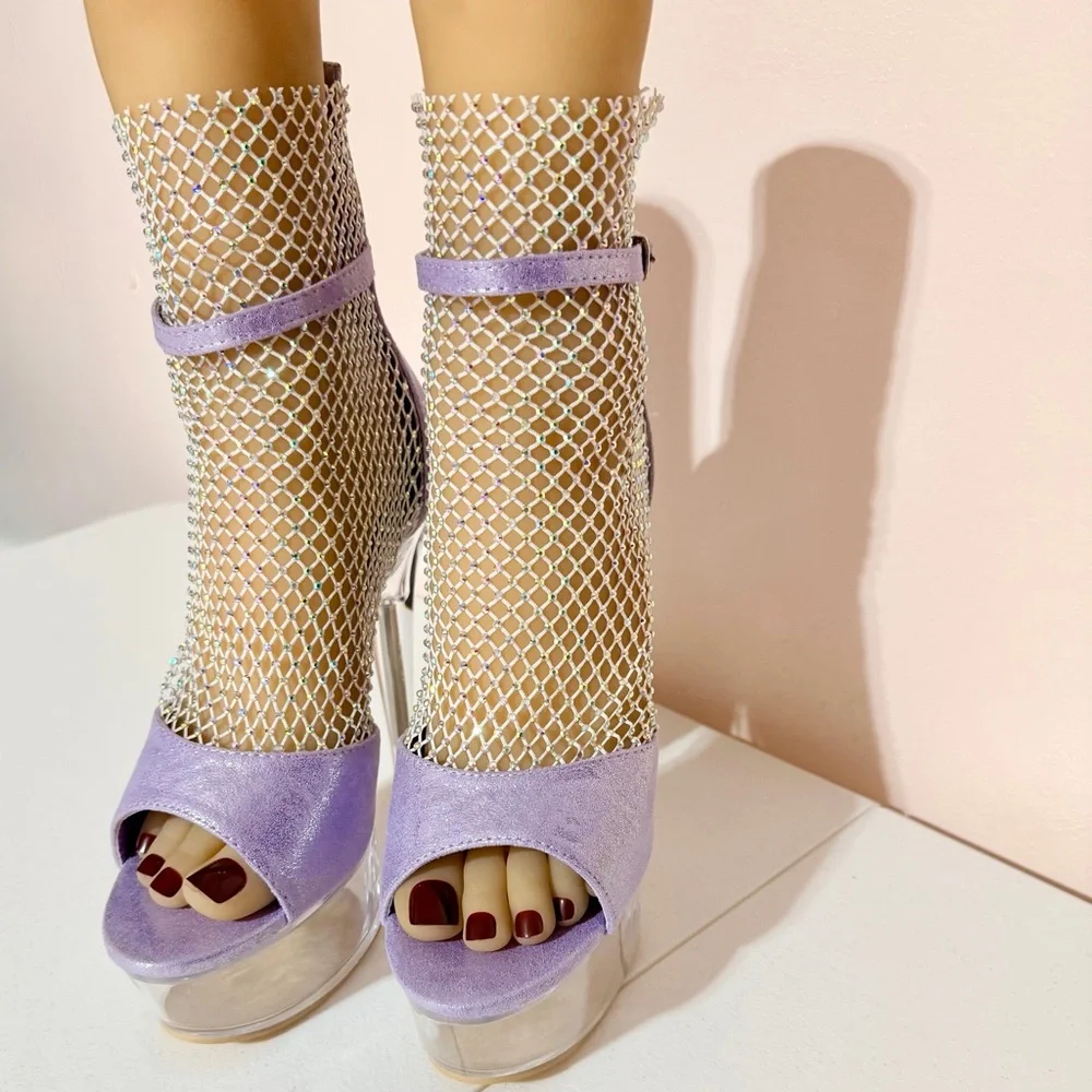 * Golden Bulls Lavender Mesh Rhinestones Clear 6” Heels